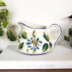 Hand Painted Pottery Jug With Blue Flowers, Ceramic Pitcher, Made In Portugal